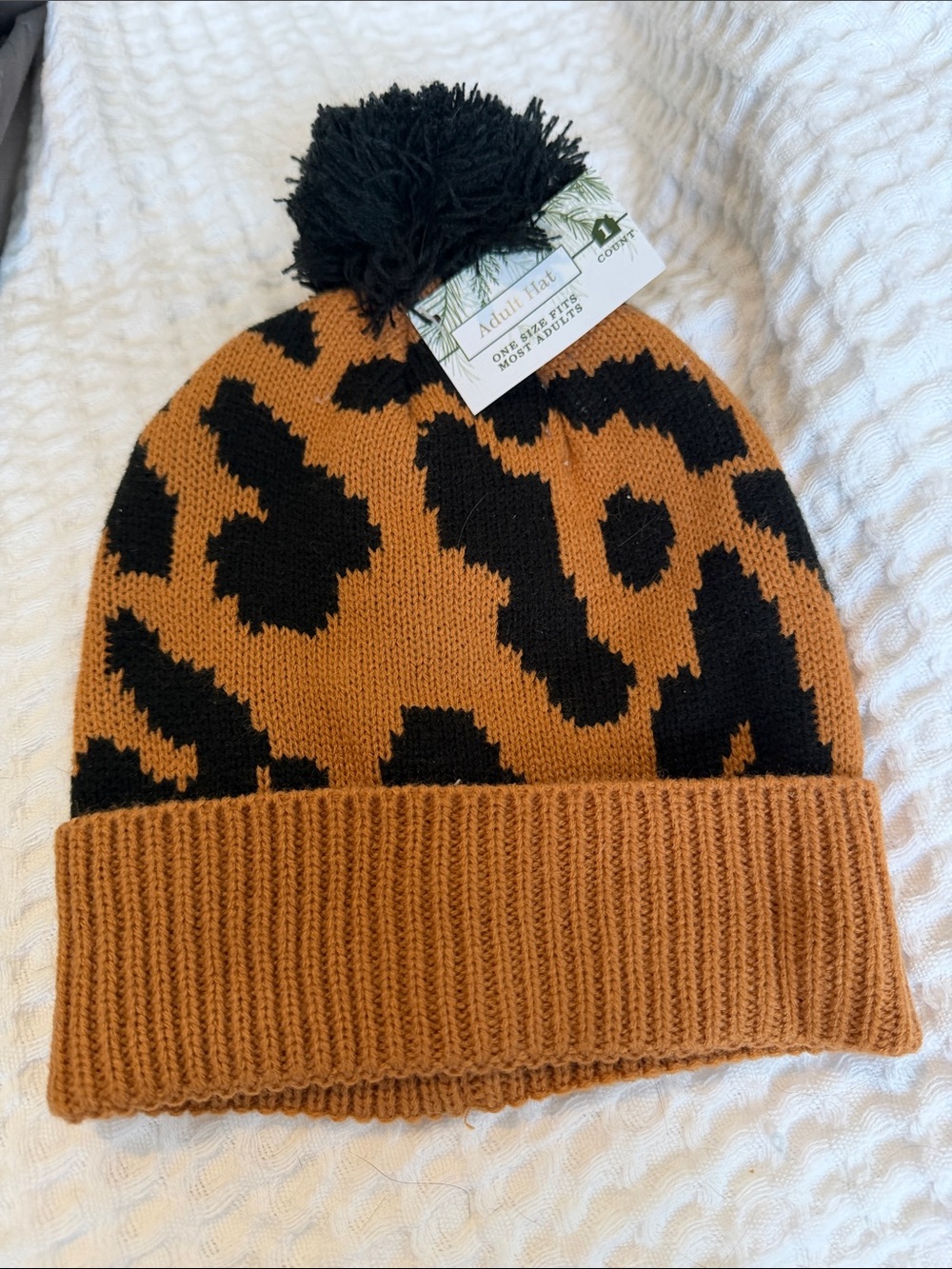 Adult Pom Beanie Hat – Black and Brown Leopard Print
